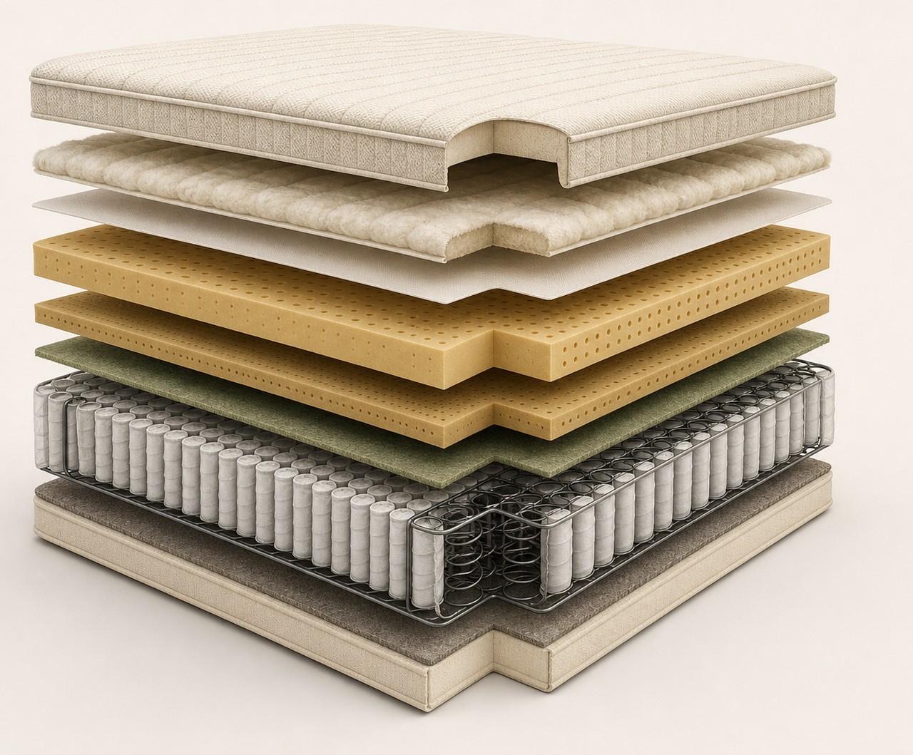 Exploded view of the Neyluma mattress showing, from top to bottom: a quilted cotton knit cover, a wool and cotton quilt, a fire barrier, two natural latex layers, a natural-fibre insulator, a pocket-spring core with reinforced perimeter, a base pad and a cotton-canvas base panel.